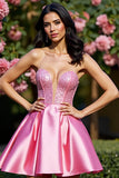 Pink Corset Satin Strapless A Line Cocktail Dress
