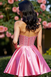 Pink Corset Satin Strapless A Line Cocktail Dress