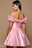 Pink Off The Shoulder Satin A Line Cocktail Dress