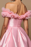 Pink Off The Shoulder Satin A Line Cocktail Dress
