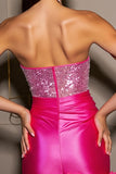 Sparkly Fuchsia Strapless Satin Bodycon Cocktail Dress With 3D Flowers