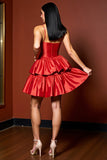 Red Spaghetti Straps Tiered Satin A Line Short Prom Dress