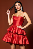 Red Spaghetti Straps Tiered Satin A Line Short Prom Dress
