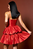 Red Spaghetti Straps Tiered Satin A Line Short Prom Dress