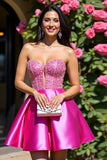 Fuchsia Strapless Keyhole Satin A Line Short Prom Dress