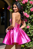 Fuchsia Strapless Keyhole Satin A Line Short Prom Dress