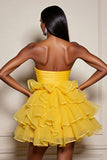 Yellow Strapless Satin Tiered A Line Short Prom Dress