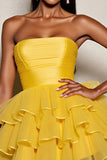 Yellow Strapless Satin Tiered A Line Short Prom Dress