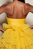 Yellow Strapless Satin Tiered A Line Short Prom Dress