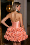 Orange Strapless Satin A Line Short Party Dress With 3D Flowers