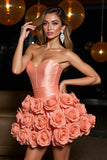 Orange Strapless Satin A Line Short Party Dress With 3D Flowers