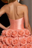 Orange Strapless Satin A Line Short Party Dress With 3D Flowers