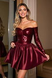Burgundy Off The Shoulder Sequin A Line Cocktail Dress