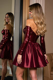 Burgundy Off The Shoulder Sequin A Line Cocktail Dress