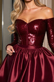 Burgundy Off The Shoulder Sequin A Line Cocktail Dress