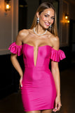 Off The Shoulder Fuchsia Satin Bodycon Cocktail Dress