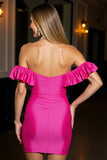 Off The Shoulder Fuchsia Satin Bodycon Cocktail Dress