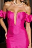 Off The Shoulder Fuchsia Satin Bodycon Cocktail Dress