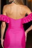 Off The Shoulder Fuchsia Satin Bodycon Cocktail Dress