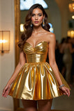 Golden Strapless Metallic A Line Short Prom Dress