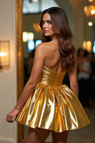 Golden Strapless Metallic A Line Short Prom Dress