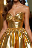Golden Strapless Metallic A Line Short Prom Dress