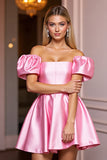 Off The Shoulder Pink Satin A Line Short Prom Dress