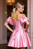 Off The Shoulder Pink Satin A Line Short Prom Dress