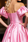 Off The Shoulder Pink Satin A Line Short Prom Dress