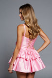 Pink Tiered Satin A Line Short Prom Dress With 3D Flowers