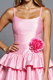 Pink Tiered Satin A Line Short Prom Dress With 3D Flowers