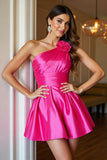 Fuchsia One Shoulder Ruched A Line Cocktail Dress With 3D Flowers