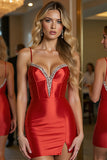 Red Spaghetti Straps Bodycon Satin Cocktail Dress With Beading