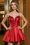Red Spaghetti Straps Satin A Line Short Party Dress With Beading