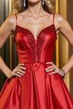 Red Spaghetti Straps Satin A Line Short Party Dress With Beading