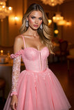 Pink Cold Shoulder Corset A Line Short Prom Dress With Appliques