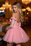 Pink Cold Shoulder Corset A Line Short Prom Dress With Appliques