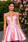 Pink Strapless Satin A Line Short Prom Dress