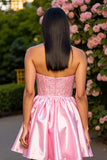Pink Strapless Satin A Line Short Prom Dress