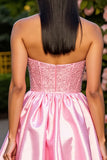 Pink Strapless Satin A Line Short Prom Dress