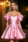 Pink A Line Satin Off the Shoulder Short Prom Dress with Ruffles