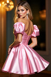 Pink A Line Satin Off the Shoulder Short Prom Dress with Ruffles