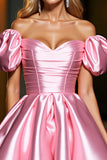 Pink A Line Satin Off the Shoulder Short Prom Dress with Ruffles