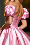 Pink A Line Satin Off the Shoulder Short Prom Dress with Ruffles