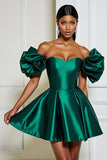 Dark Green Satin A Line Ruffled Off the Shoulder Short Prom Dress
