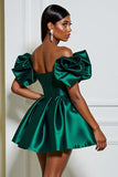 Dark Green Satin A Line Ruffled Off the Shoulder Short Prom Dress