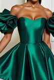 Dark Green Satin A Line Ruffled Off the Shoulder Short Prom Dress