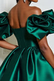 Dark Green Satin A Line Ruffled Off the Shoulder Short Prom Dress