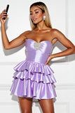Lilac Satin A Line Tiered Short Prom Dress with Beading