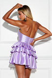 Lilac Satin A Line Tiered Short Prom Dress with Beading